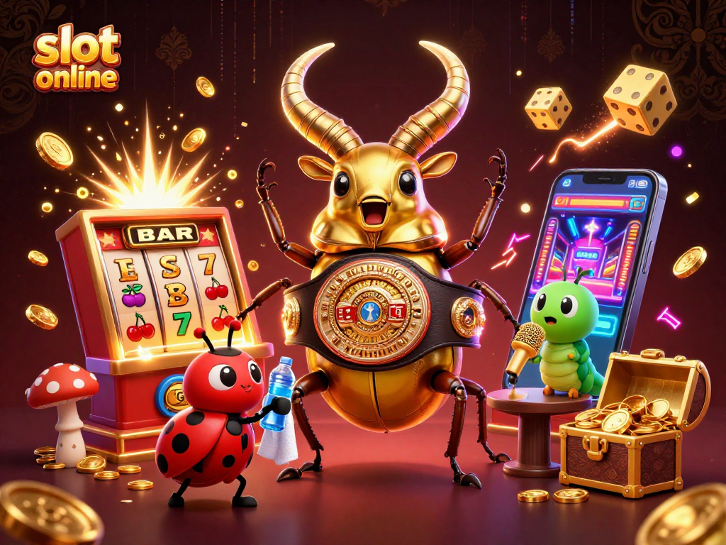 Experience the thrilling excitement of slot online gaming with a vibrant 3D illustration featuring colorful characters and casino elements.