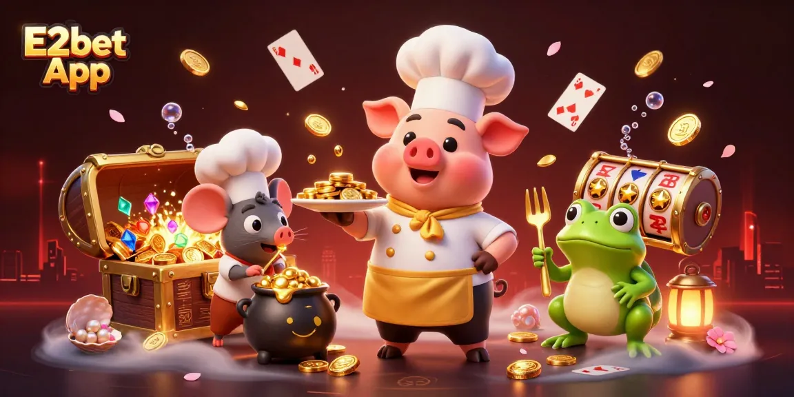 Experience the thrill of E2bet App with a playful chef pig serving golden coins in an exciting casino scene.