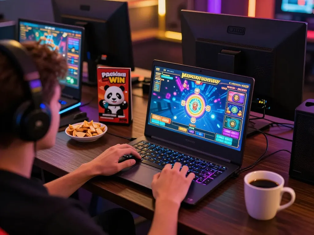 Pengalaman panda win ditangkap, menampilkan pemain terlibat dalam permainan slot 3D HD di laptop