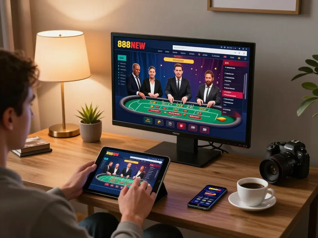 Engaged user playing on 888NEW online casino app from a comfortable home setting.