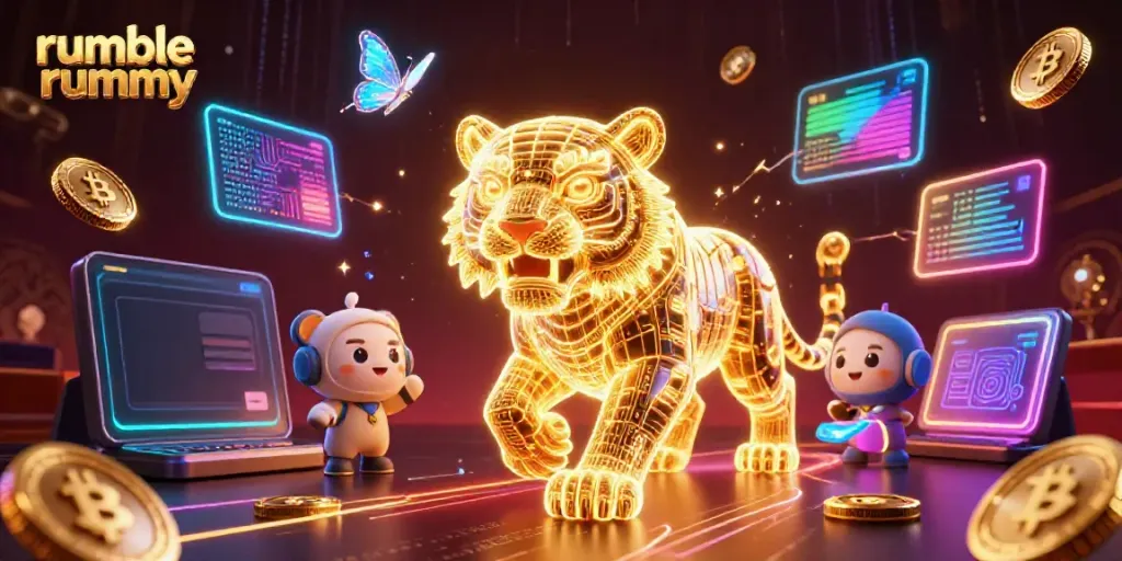 Play Rumble Rummy through a vibrant digital casino with glowing gaming elements and a neon tiger.