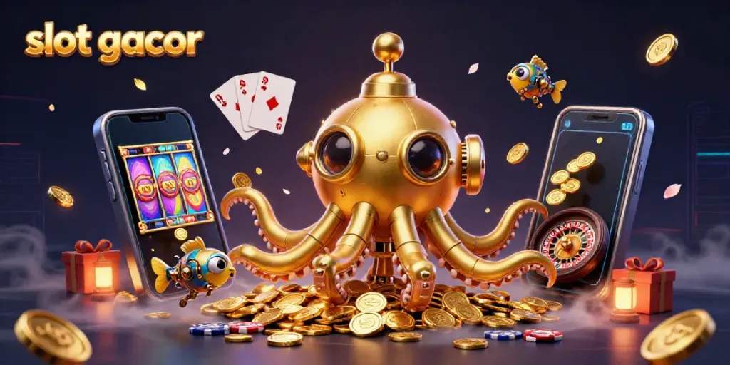 Experience slot gacor excitement with a golden kraken submarine and vibrant casino elements.