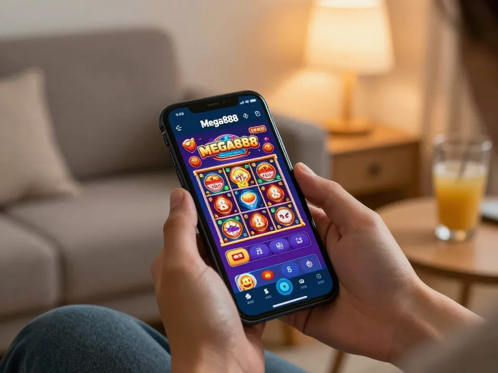 Mega888 players enjoying mobile gaming with vibrant app interface and cozy atmosphere.