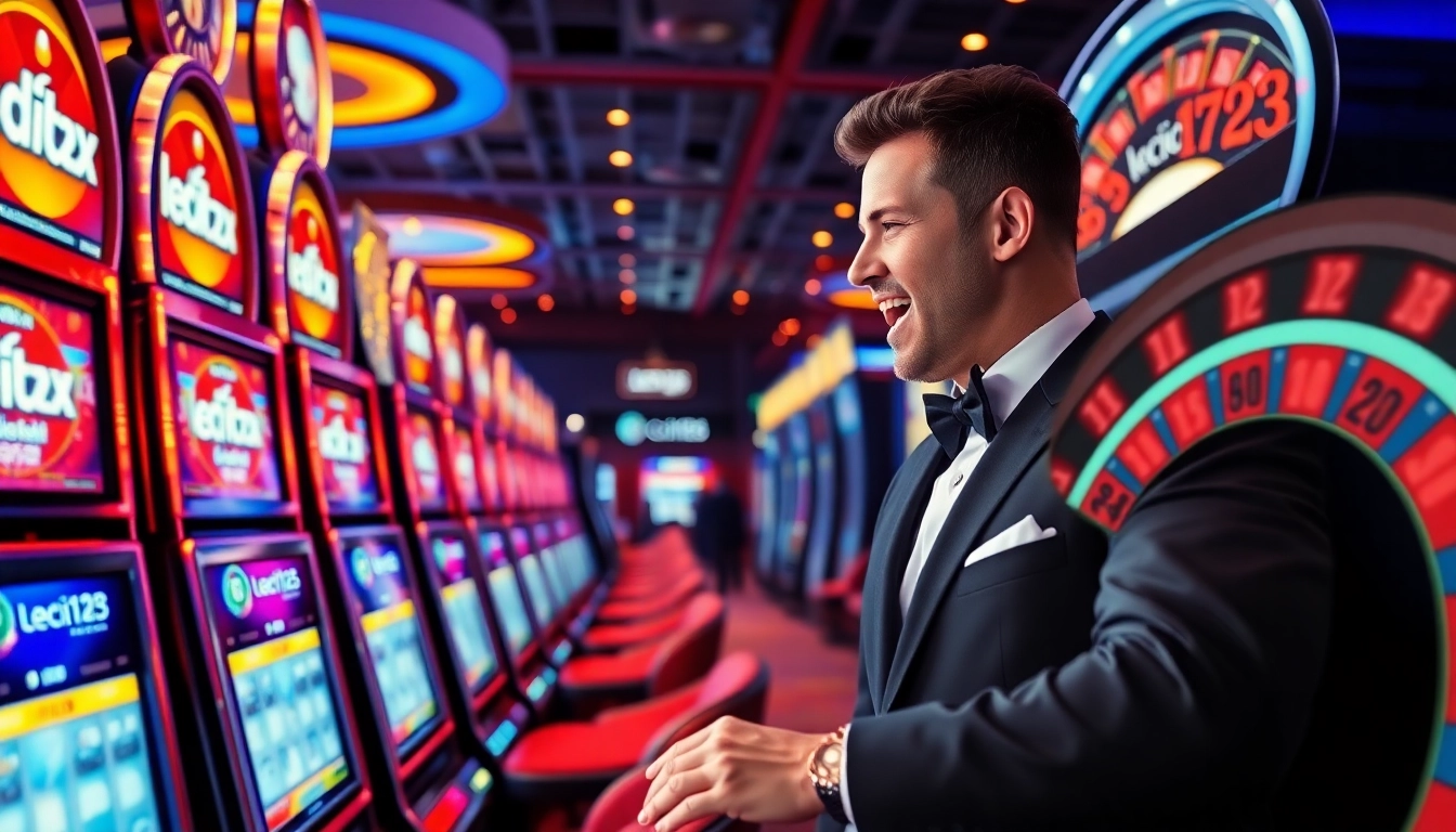 Experience the thrill of leci123 with a stylish slot machine and vibrant casino ambiance.