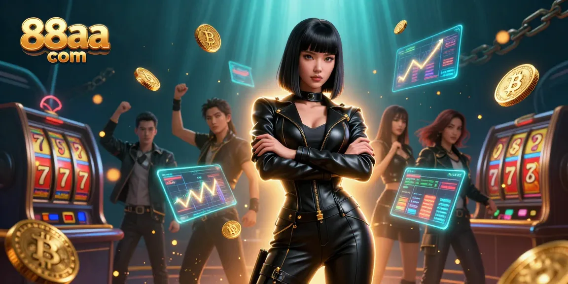 Experience thrilling gaming at 88aa com with vibrant slot games and crypto elements in a dynamic scene.