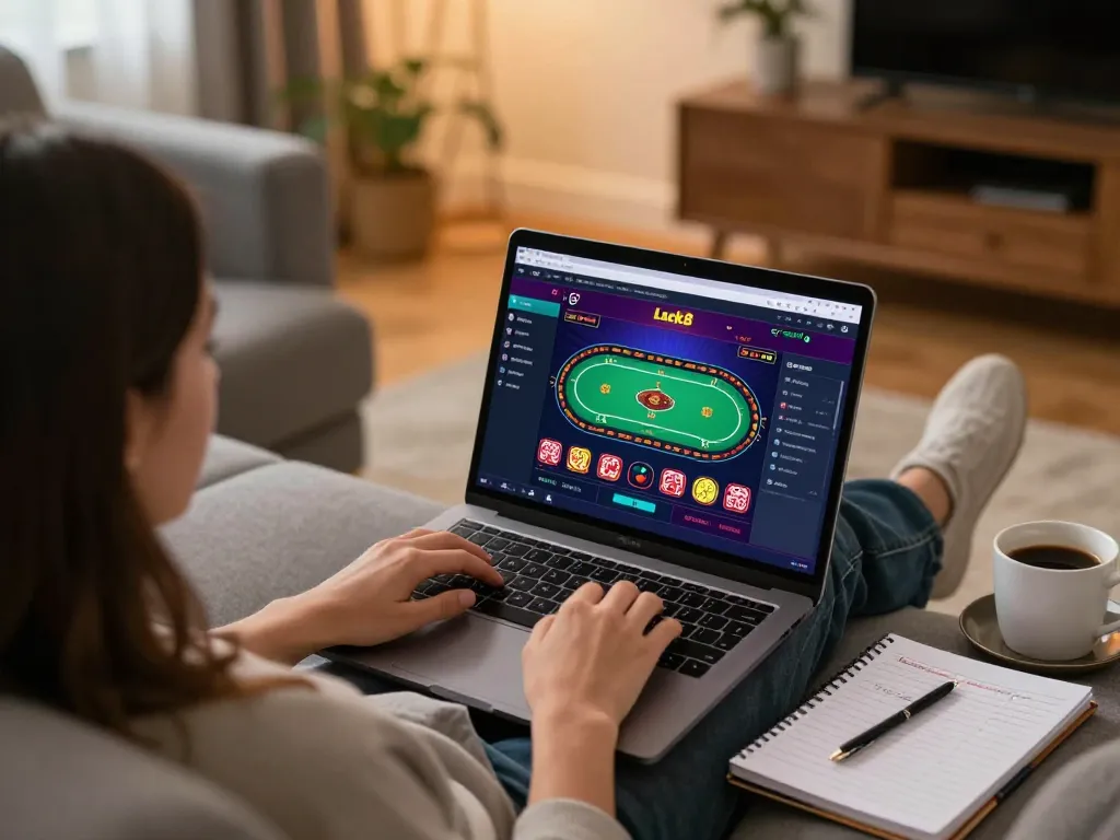 Luck8 online casino gameplay displayed on laptop in a cozy home setting