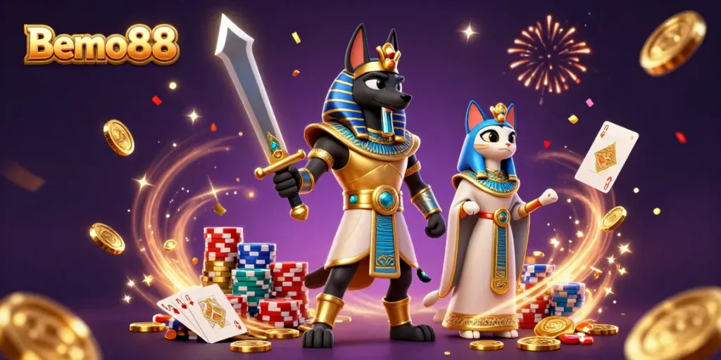 Bemo88 showcases an ancient Egyptian warrior and a sacred cat in a rich casino setting, celebrating wins with gold coins and poker chips.