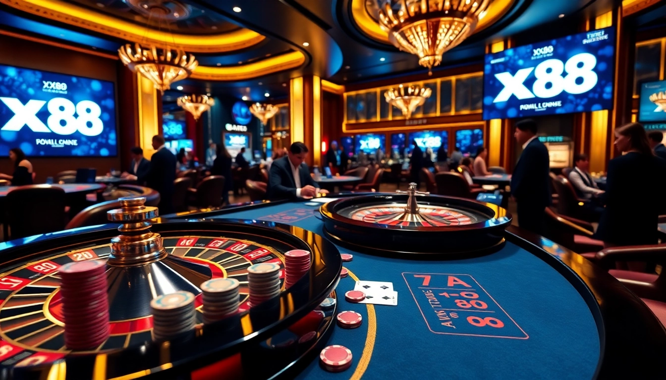 Experience the thrill of gambling at xx88 with vibrant poker chips and a spinning roulette wheel.