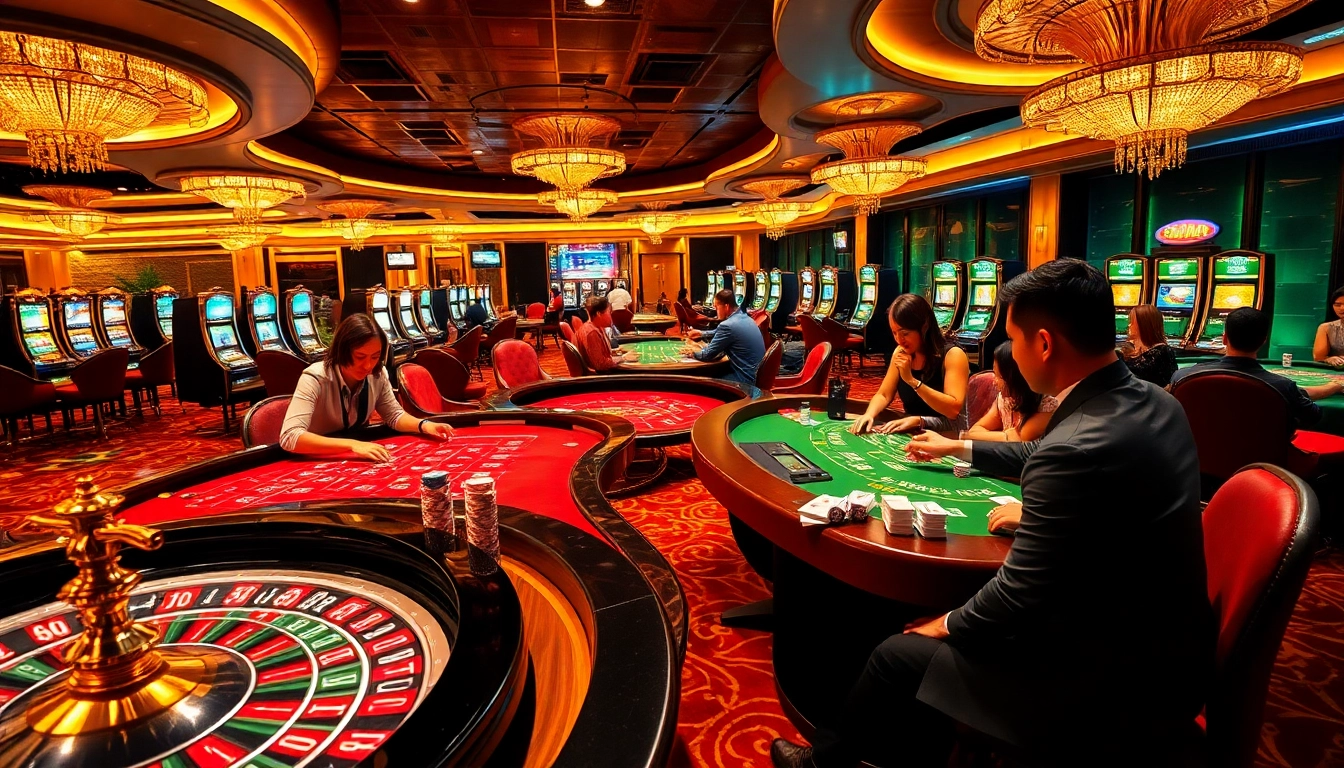 Experience the thrill of gaming at nhà cái Hay88 with an engaging casino scene featuring excited players and vibrant tables.
