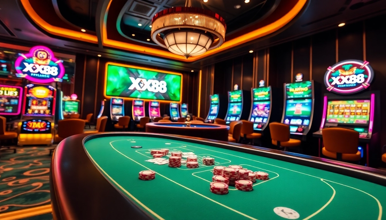 Experience the thrill of gambling at XX88 with vibrant gaming tables, cards, and roulette wheels.