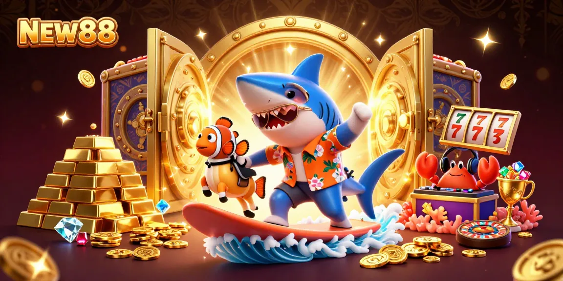 Experience the thrill of NEW88 as cartoon characters surf on gold coins amidst rich casino elements.