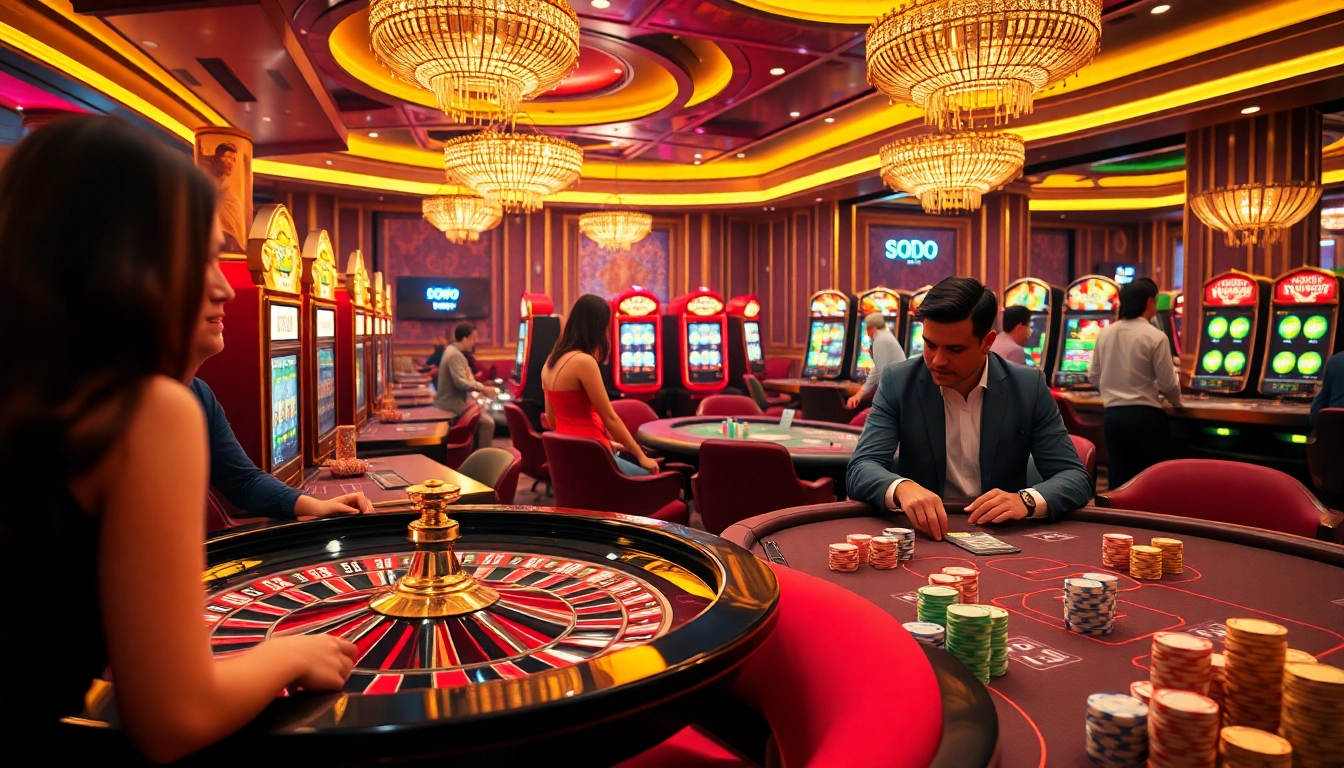 SODO66 players immerse in an upscale casino atmosphere, surrounded by poker tables and vibrant slot machines.