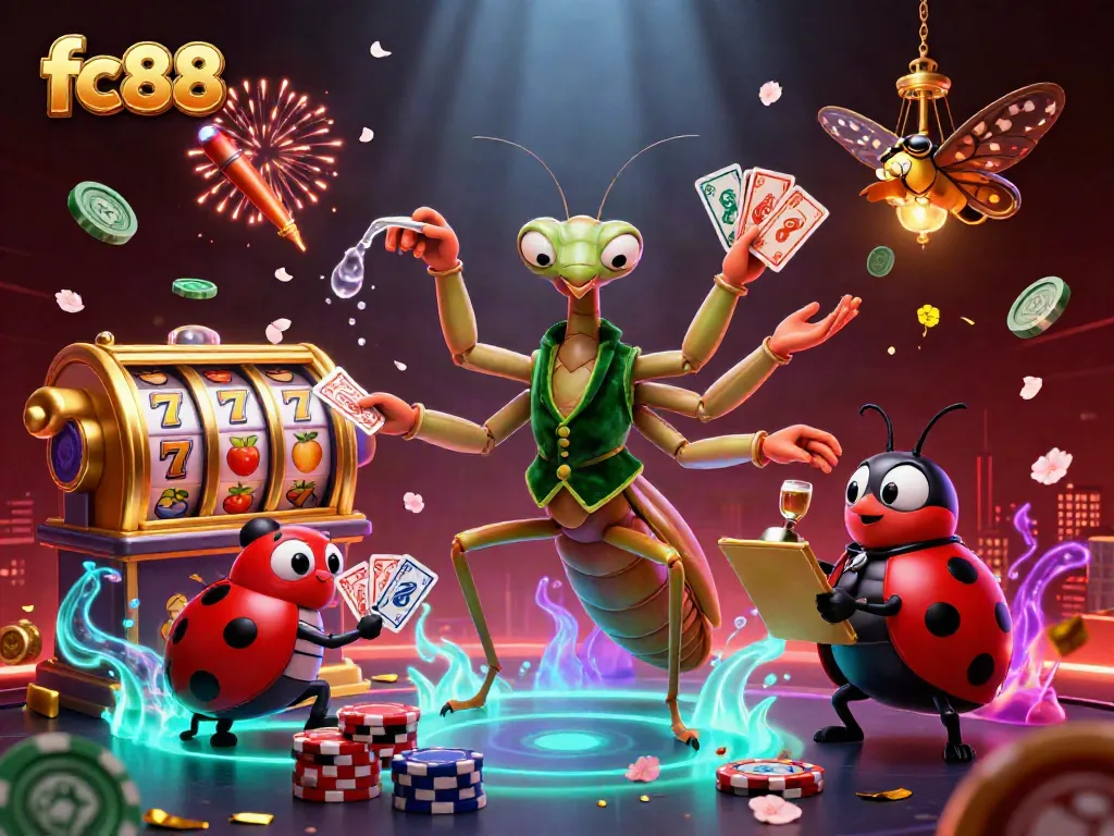 Engage in vibrant gameplay with fc88 as the praying mantis card sharp and ladybug pit boss lead the action.