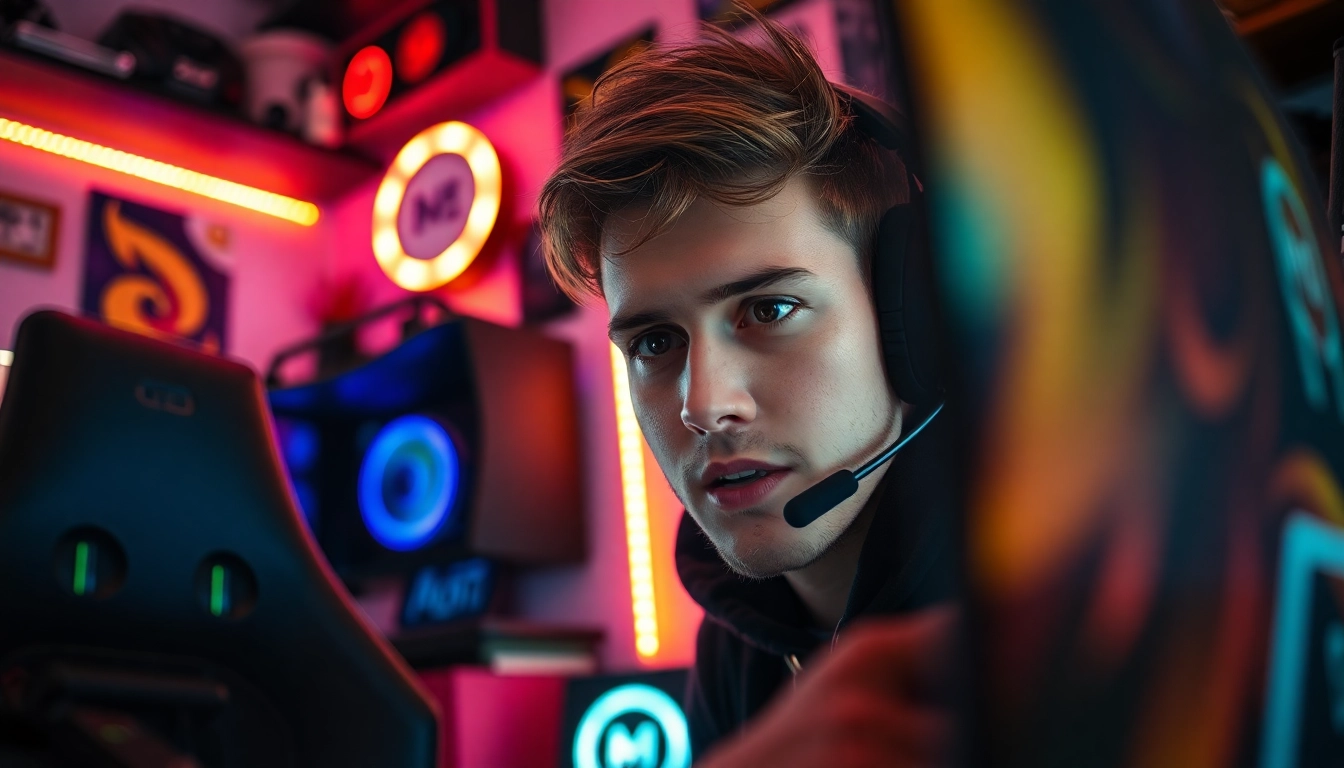 Gamer concentrado jogando higame com um setup moderno e luzes LED vibrantes.