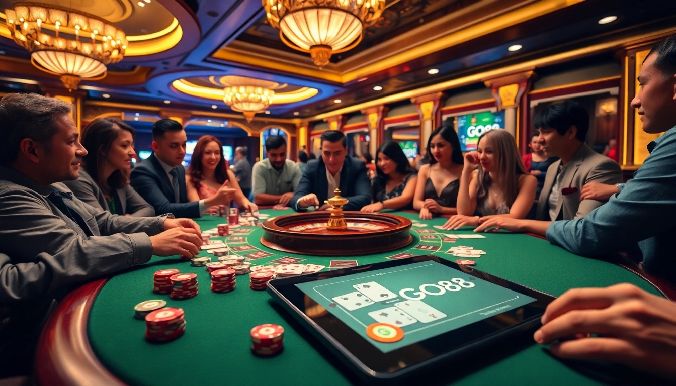Exciting GO88 casino scene featuring players engaged in a thrilling game at a poker table.