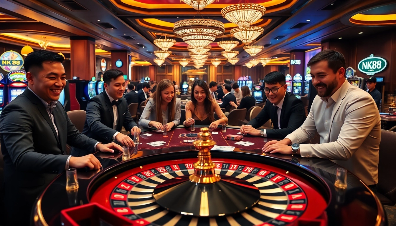 NK88 poker table with vibrant branding in a luxurious casino setting