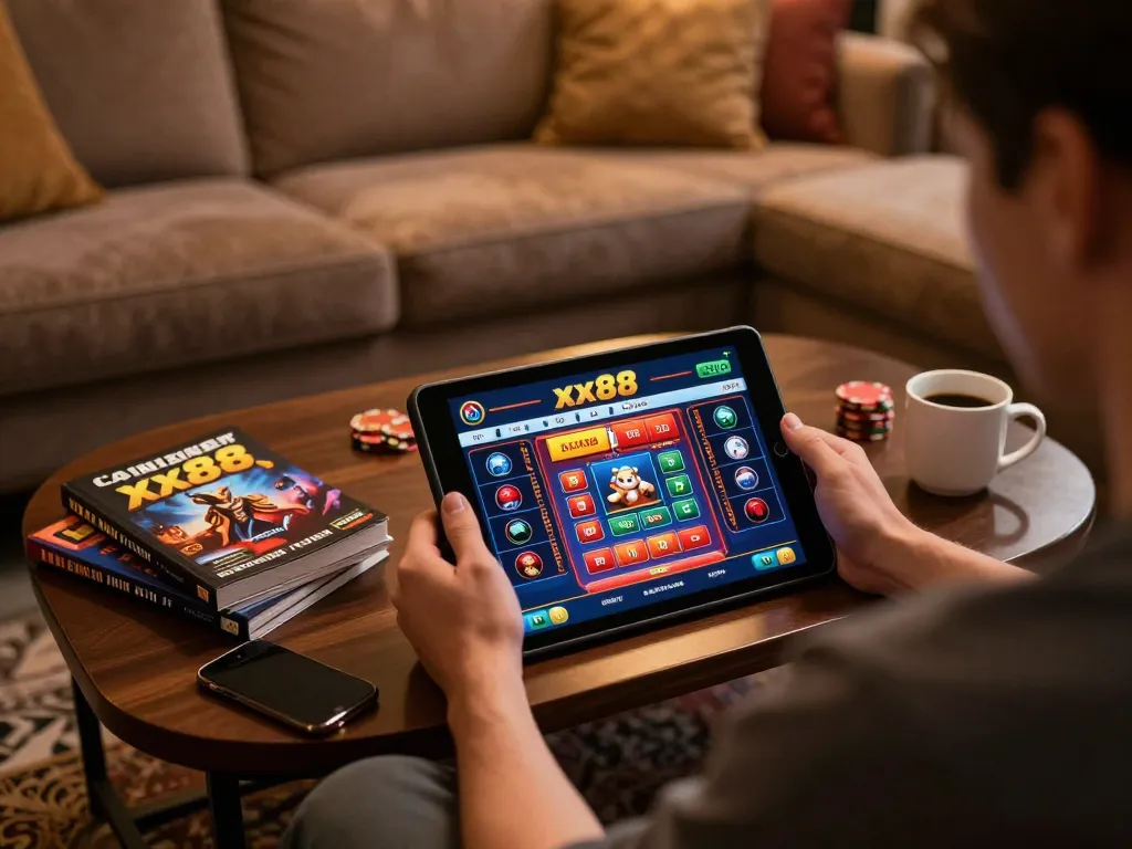 Engaging in online gambling on the xx88 casino app with a cozy atmosphere at home.