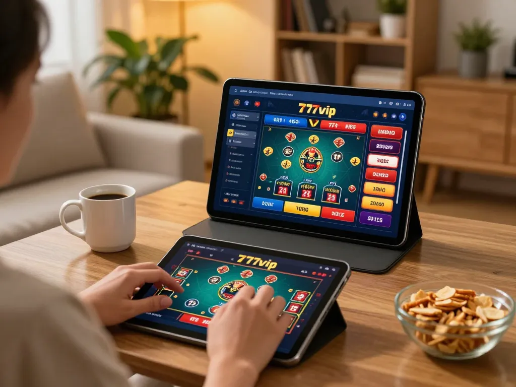 Engaging with the 777vip online casino experience on a tablet in a cozy home setting