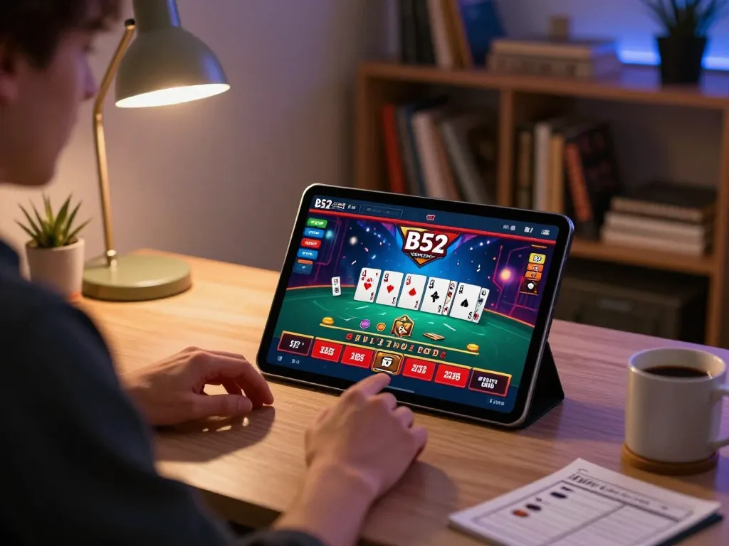 A person enjoying B52 online blackjack on a tablet at home with strategy notes visible.