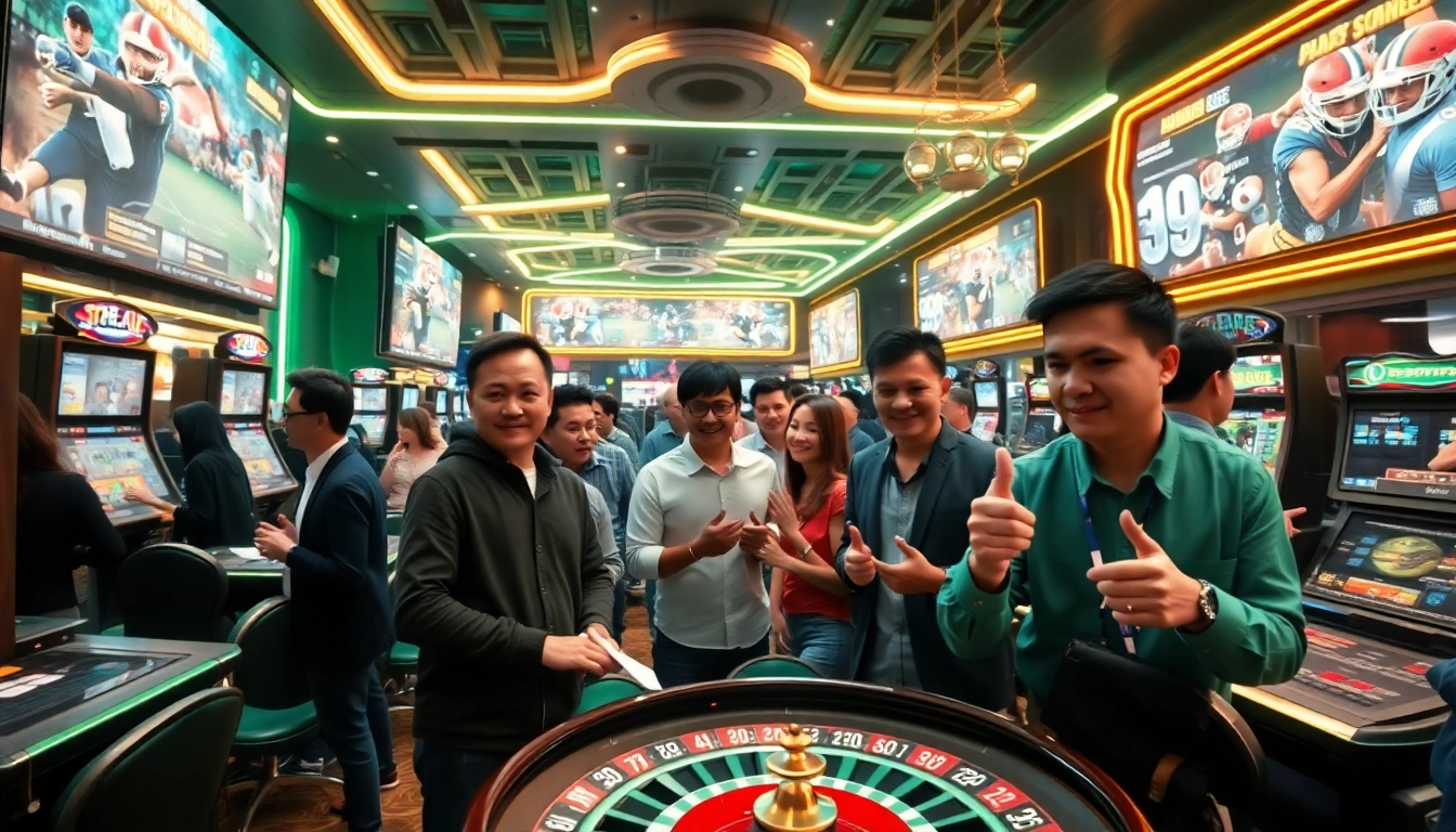 SBOBET sports betting scene with vibrant atmosphere, diverse players, and live sports displays.
