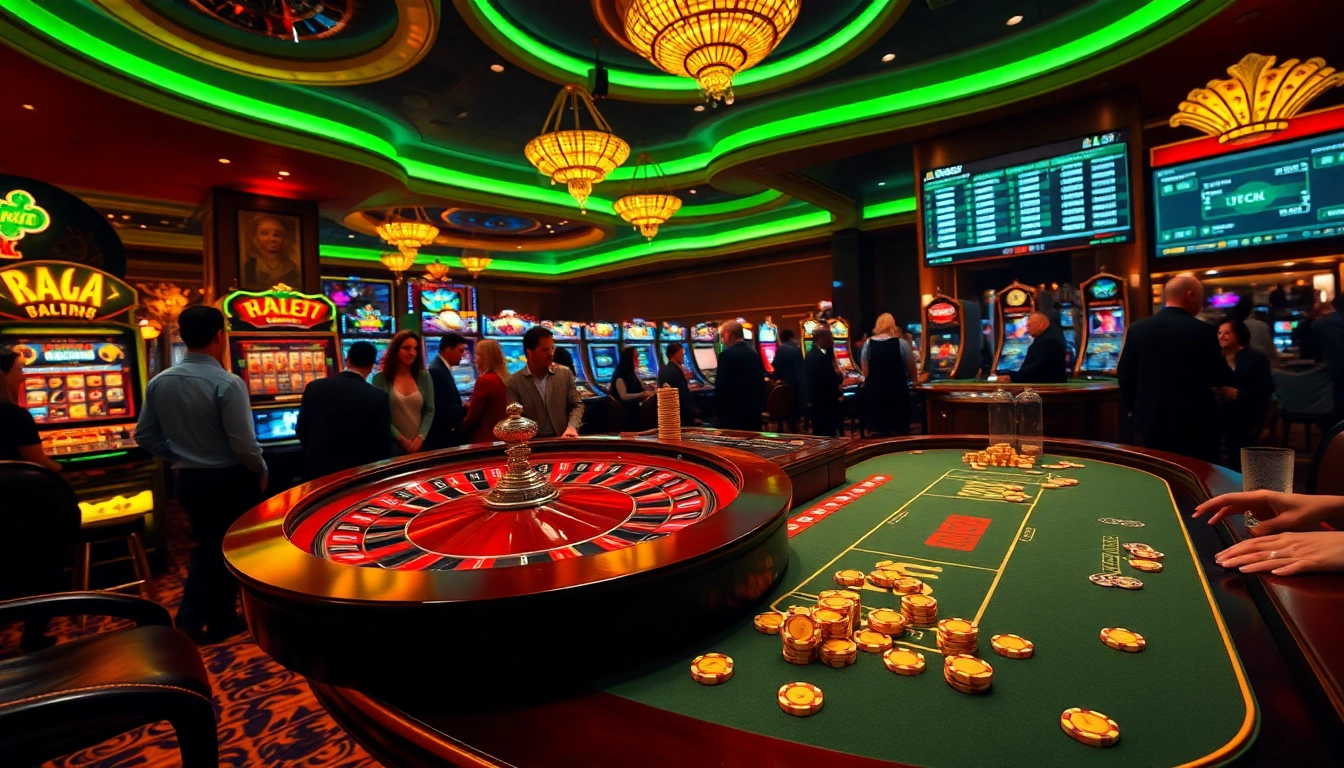 Experience the excitement of raja luck at a vibrant casino featuring roulette tables and slot machines.