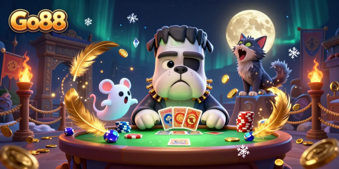 Engage in the thrilling Go88 casino experience with a fun 3D monster scene featuring card dealing, poker, and vibrant casino elements.