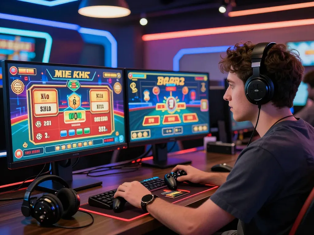 Player engaging with 32win online casino platform, surrounded by vibrant game displays.