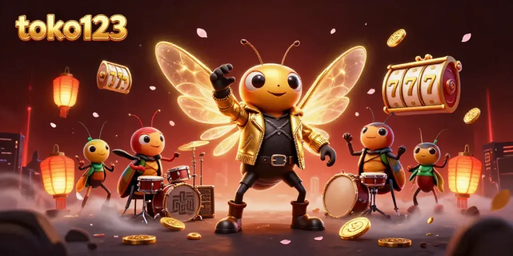 Cicada rock star performs in a vibrant casino scene promoting toko123 with spinning slot reels and golden coins.
