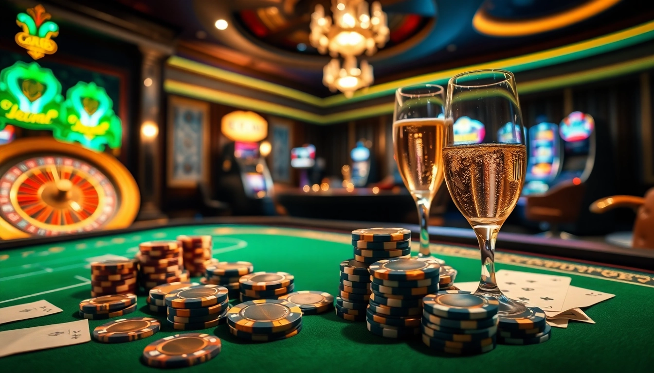 Situs Judi Bola showcases an elegant casino environment with betting slips and poker chips.