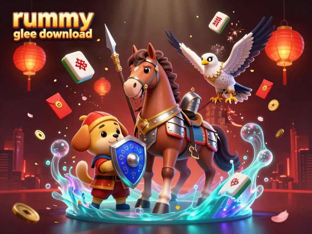 Rummy glee download dengan karakter ksatria dan elemen permainan dalam ilustrasi 3D yang memikat.