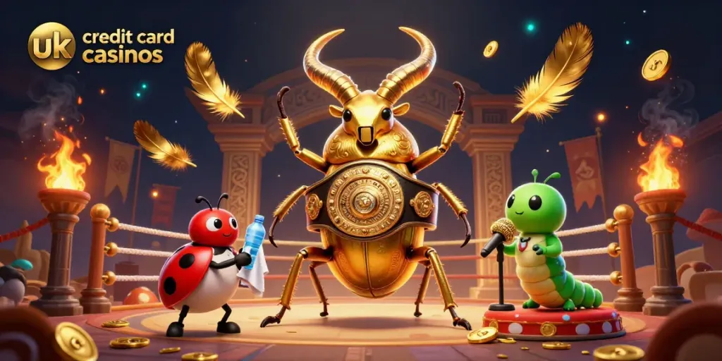 Engage with the best UK credit card casinos showcasing a golden stag beetle champion and vibrant casino atmosphere.