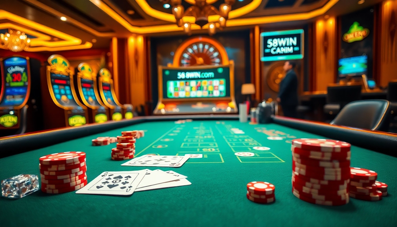 Experience the thrill of 58WIN Com with a glamorous casino setup showcasing vibrant chips and sleek gaming tables.