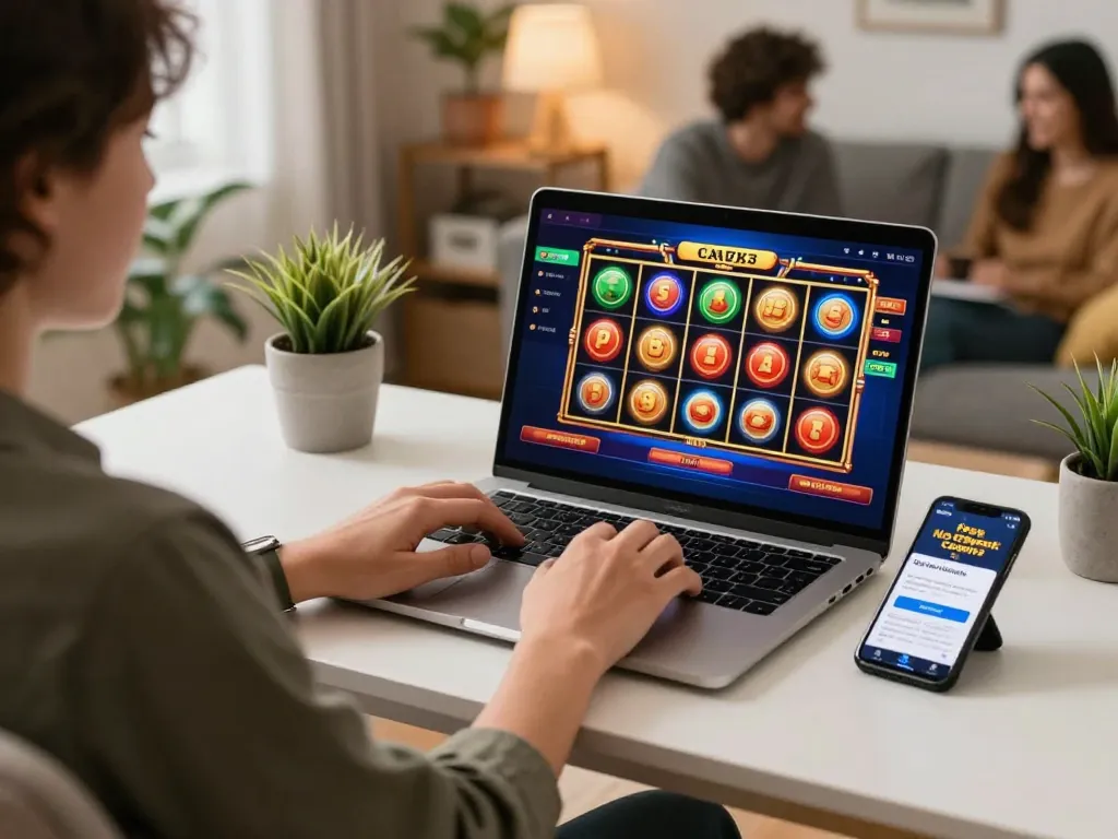 Engaging gameplay at Free No Deposit Casinos featuring colorful slots on a laptop, set in a cozy home.