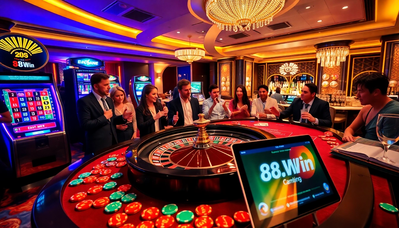 Players enjoying excitement at 68win's roulette table in a bustling casino setting.