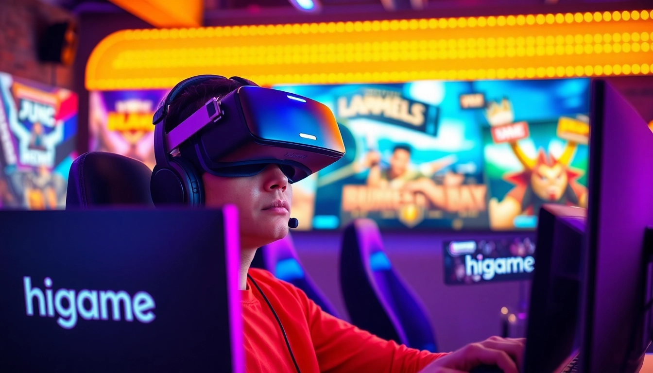 Engaged gamer immersed in a dynamic higame VR experience with vibrant lighting and sleek gear.