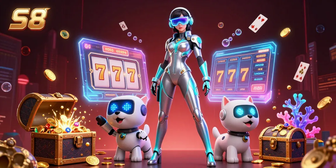 Experience thrilling moments at S8 with a stunning 3D scene of a futuristic woman and robot in a vibrant casino.