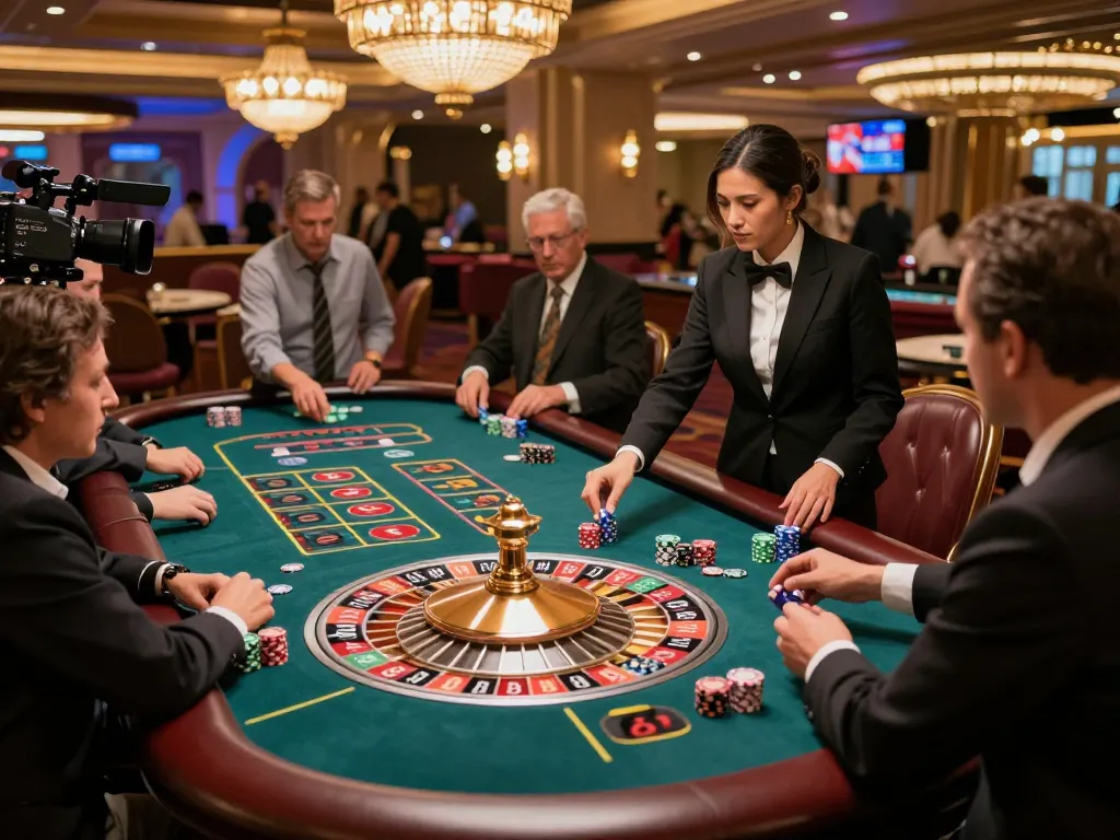 Engage with the thrilling links 모음 as players place bets at a roulette table in a vibrant casino atmosphere.