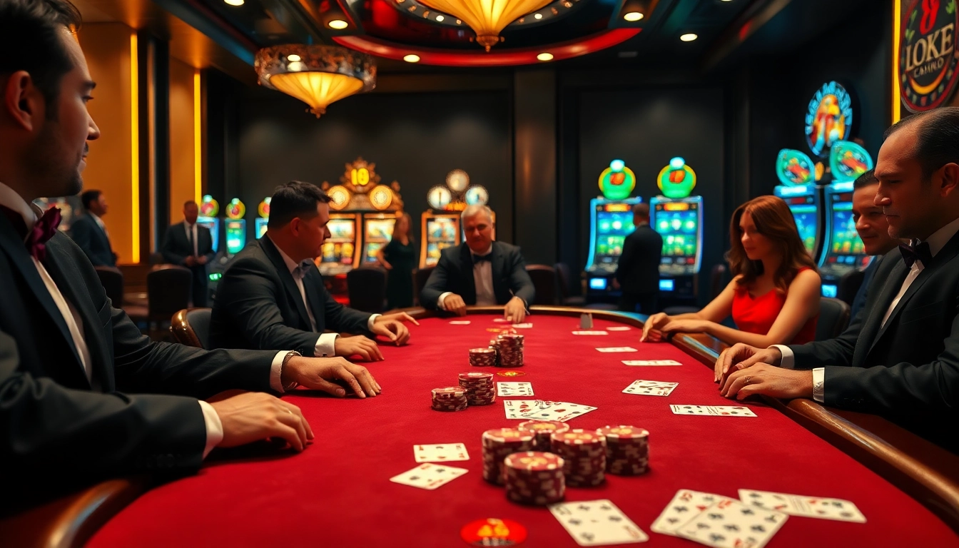 Experience the excitement of LUCK8 with vibrant casino visuals showcasing poker tables and slot machines.