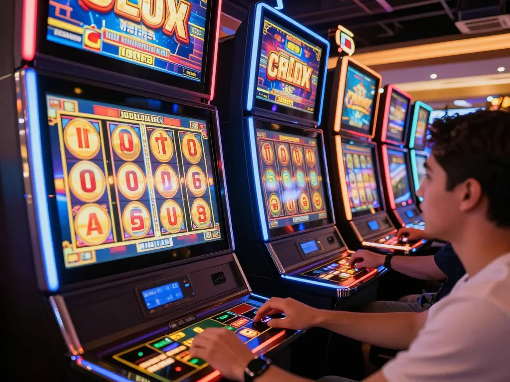 Players enjoying the excitement of slot 5k machines in a lively online casino.