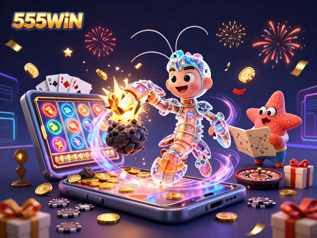 Experience thrilling gameplay at 555WIN with vibrant visuals and exciting slot games featuring golden coins and magical energy.