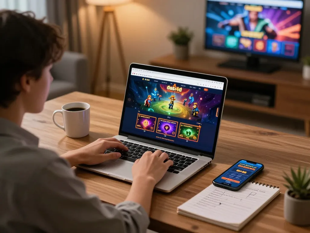 Melakukan taruhan menggunakan dasi4d link alternatif di laptop dalam kantor rumah yang nyaman