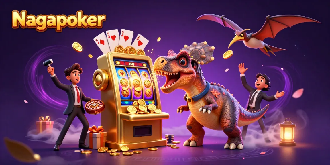 Nagapoker reveals excitement as a dinosaur wins a jackpot on a golden slot machine