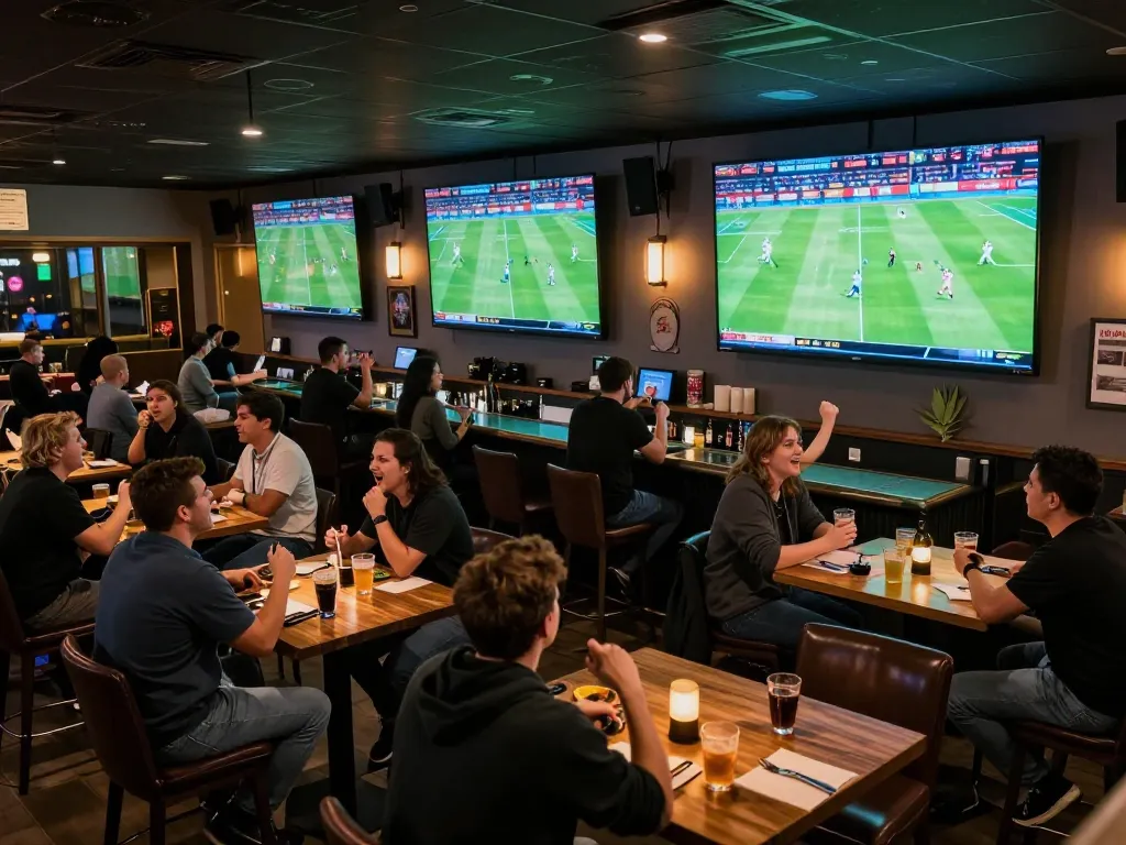 Xem bóng đá trực tuyến at a lively sports bar, patrons engaged in betting strategies while enjoying live matches