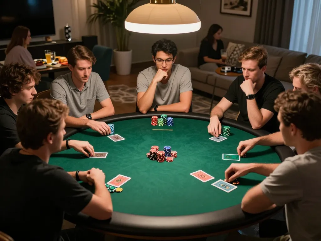 A friendly poker game in progress at home, showcasing engaged players, exemplifying nhà cái uy tín Lc88 in a social setting.