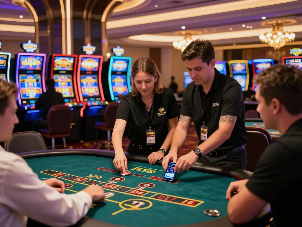 Players enjoying games at BL555 online casino with vibrant lights and friendly dealers.