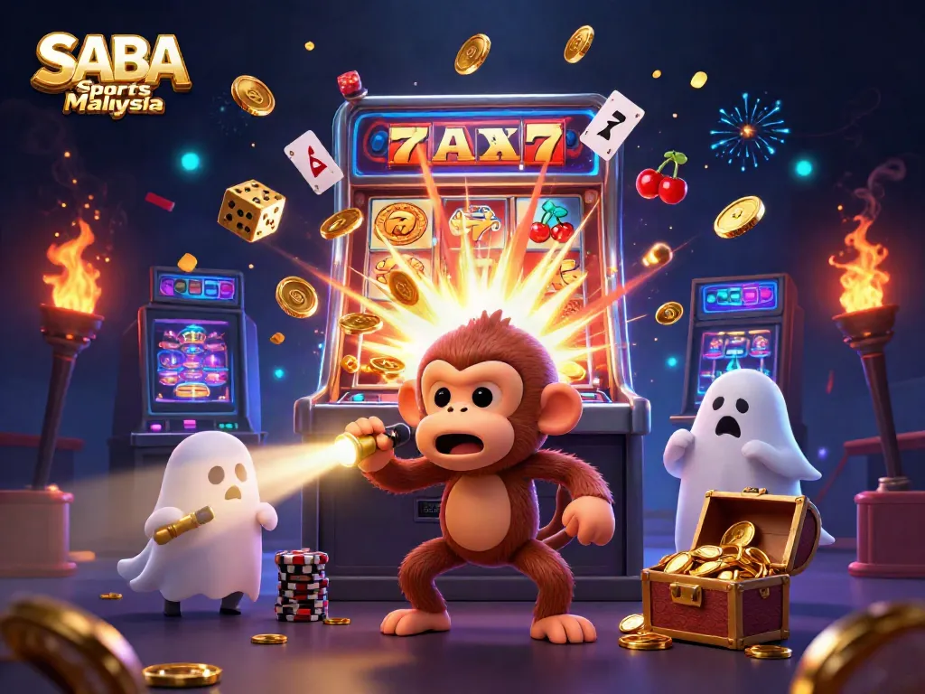 Engage in thrilling SABA Sports Malaysia betting with a playful scene of a poltergeist monkey and ghost-hunter puppy in action.