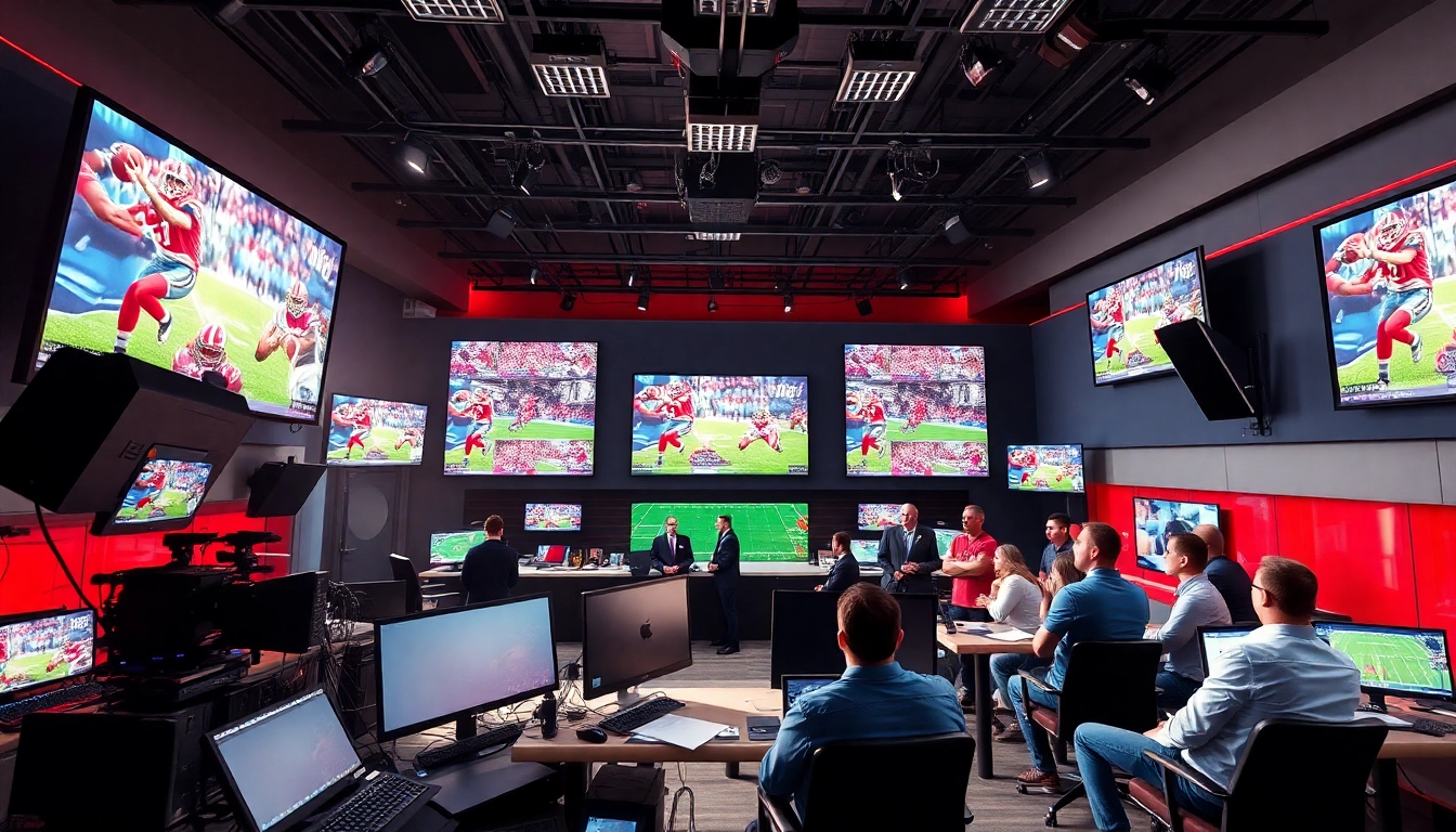 Captivating sports broadcasting studio showcasing live games on multiple screens.