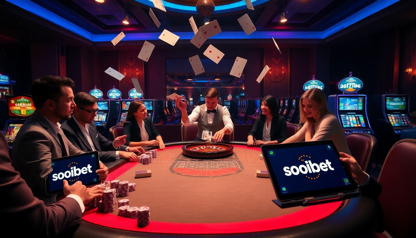 Players enjoy an exhilarating poker game at Soibet ไทย casino, with vibrant lights and action-packed atmosphere.