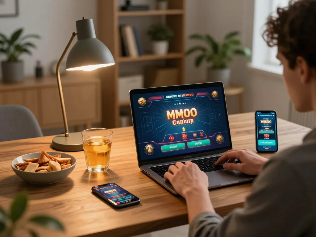 Player enjoying MMOO live casino on laptop, showcasing modern gaming lifestyle.