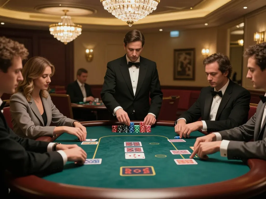 Engaging players at rikvip poker table, chips stacked high, and strategic gameplay in luxurious casino setting.